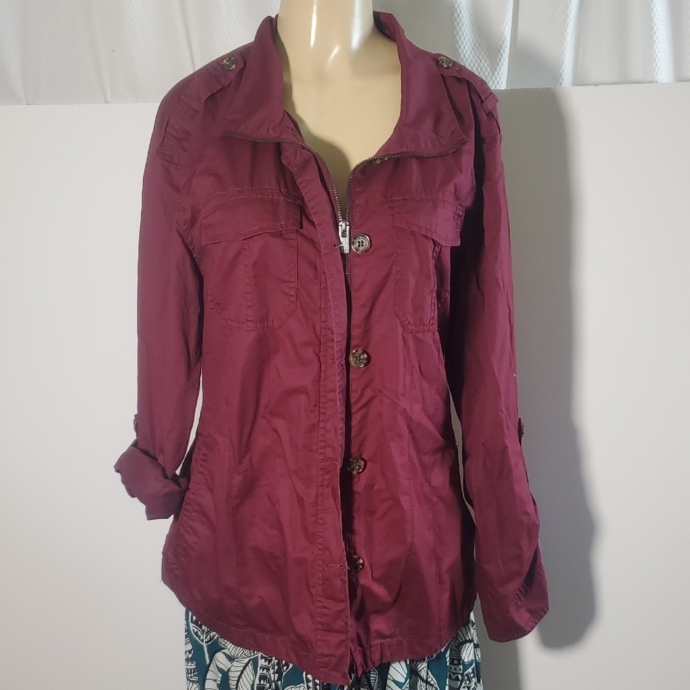 Buffalo David Bitton Women's Lightweight Military Jacket Burgundy Size XL